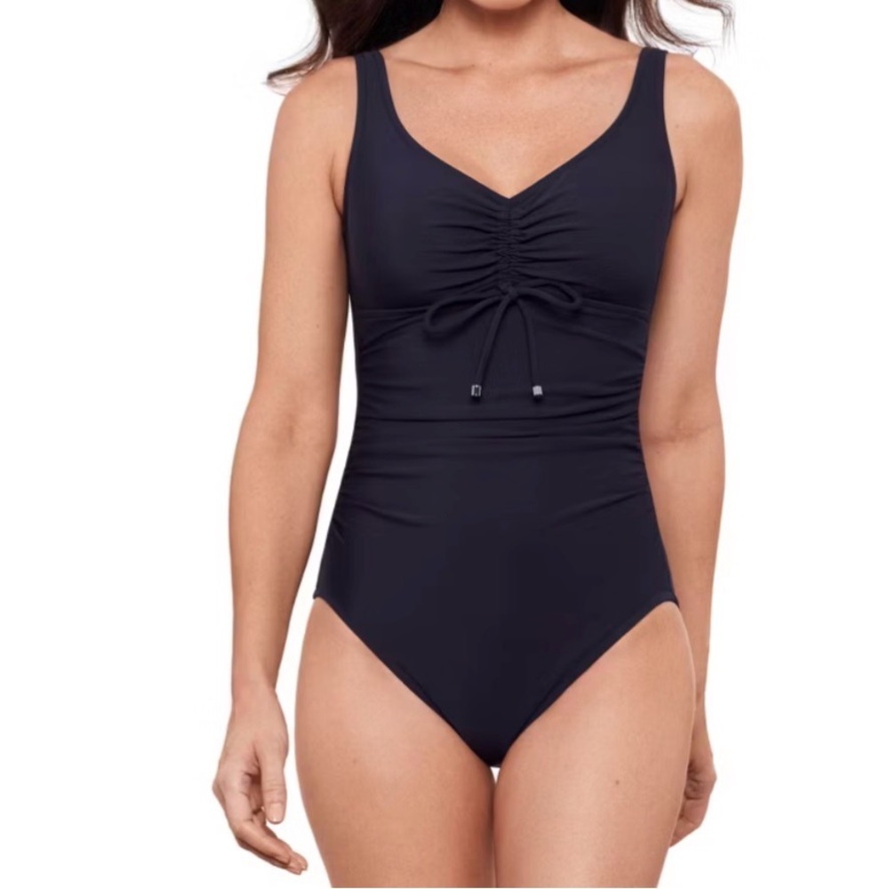 Aqua Green Women's Cinched V-Neck Shirred One Piece Swimsuit 1X Black​
